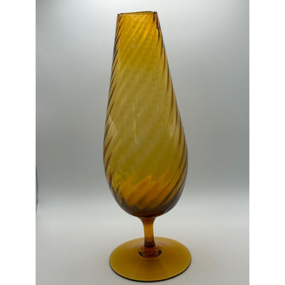 Vintage Empoli Amber Glass Optic Swirl Pedestal Vase Mid-Century Modern Teardrop